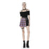 Punk purple checked splicing black pleated short skirt KW175